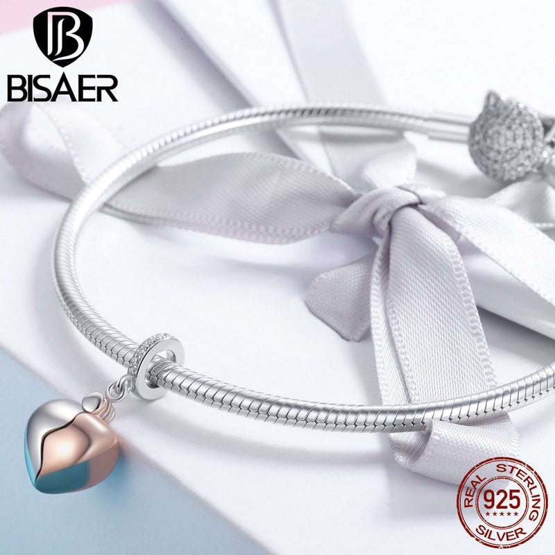 BISAER Romantic 925 Sterling Silver Lock Key Of Love Heart Pendant Charms Lock Shape Fit For DIY Silver Jewelry Making ECC844