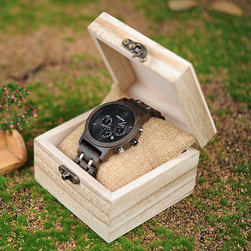 Reloj BOBO BIRD de madera para hombre, relojes cronógrafo de cuarzo con fecha de acero inoxidable, relojes de regalo de lujo para hombre, reloj masculino