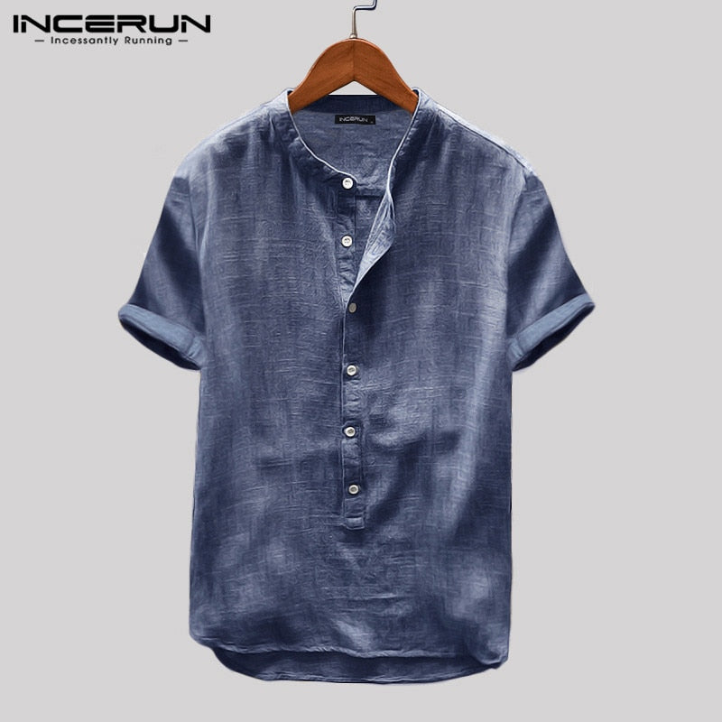 INCERUN 2022 Camisa transpirable para hombre con botones sueltos de manga corta de Color sólido pulóveres Harajuku Vintage Camisa Casual para hombre Camisa