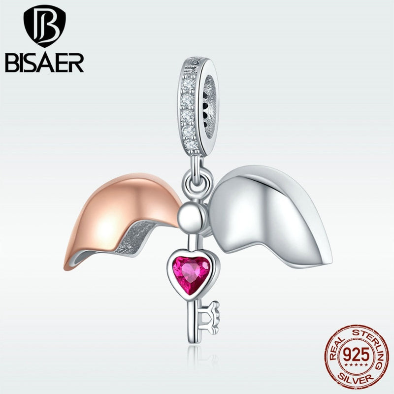 BISAER Romantic 925 Sterling Silver Lock Key Of Love Heart Pendant Charms Lock Shape Fit For DIY Silver Jewelry Making ECC844