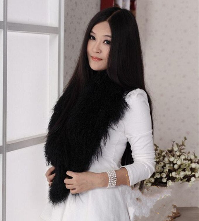 160cm real mongolian fur scarf women winter fashion solid black gray genuine wool woolen fur collar female
