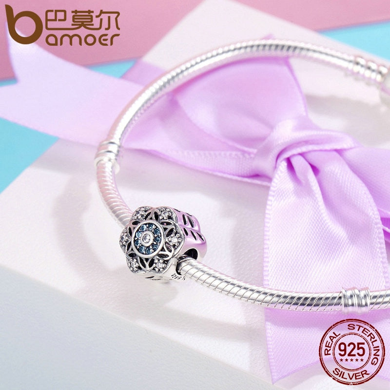 BAMOER High Quality Authentic 925 Sterling Silver Romantic Snowflake, Dazzling CZ Beads fit Charm Bracelet Bangle Jewelry SCC247