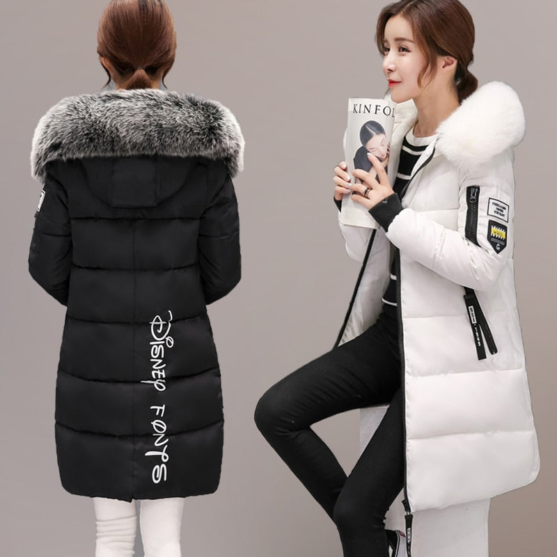 Prendas de vestir de invierno para mujer, Parka de algodón con cuello de piel grande coreana para mujer, abrigo de moda medio largo ajustado, chaqueta acolchada gruesa y cálida
