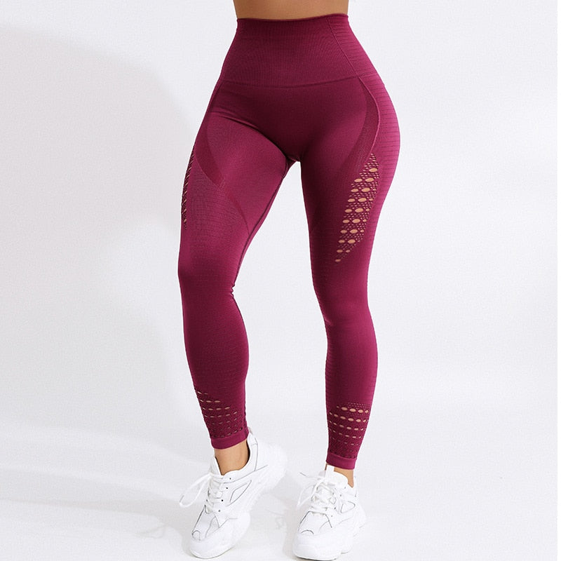 NORMOV Frauen Hohe Taille Hohl Yoga Leggings Nahtlose Stretch Sexy Push Up Leggins Fitness Übung Atmungsaktive Workout Leggings