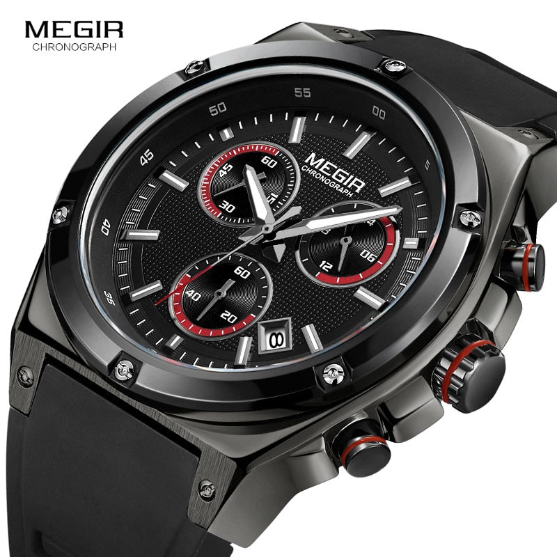 Megir Men Black Silicone Sports Quartz Wrist Watches Luminous Relojios Relojes Waterproof Chronograph Clock Montres Q2073G-BK-1