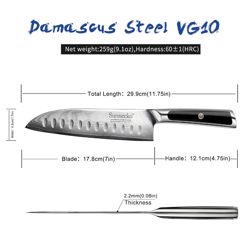 SUNNECKO 17,8 cm Damast-Santoku-Messer, japanische VG10-Kernstahlklinge, rasiermesserscharfe Küchenmesser, G10-Griff, Gemüse-Fleischschneider