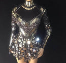Vestido de piedra con espejos plateados brillantes, traje de bailarina de cantante femenina, traje de mono brillante, vestido de discoteca de una pieza, vestidos de fiesta Oufit