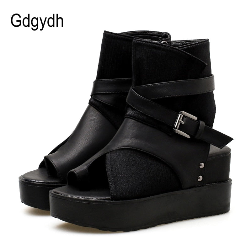 Gdgydh Black Women Ankle Boots Spring Autumn Peep Toe Flat Heel Boots For Female Buckle Platform Wedges Shoes Summer Comfortable