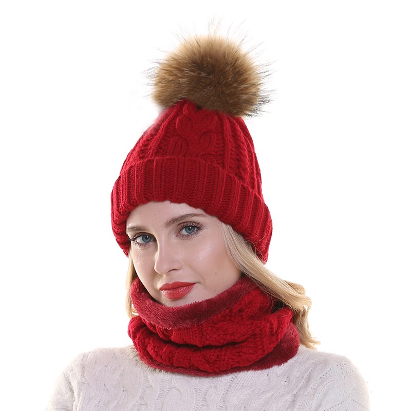 2021 Womens Hat With Scarf Warm Fleece Inside Beanie Girls Winter Cap For Women Real Mink Fur Pompom Hat Female Knitted Caps