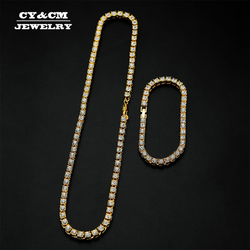 5mm Men's Hip Hop Bling Bling Iced Out Tennis Chains 1 Row Necklaces Bracelet Crystal Luxury Gold Silver Color Men Chain Jewelry