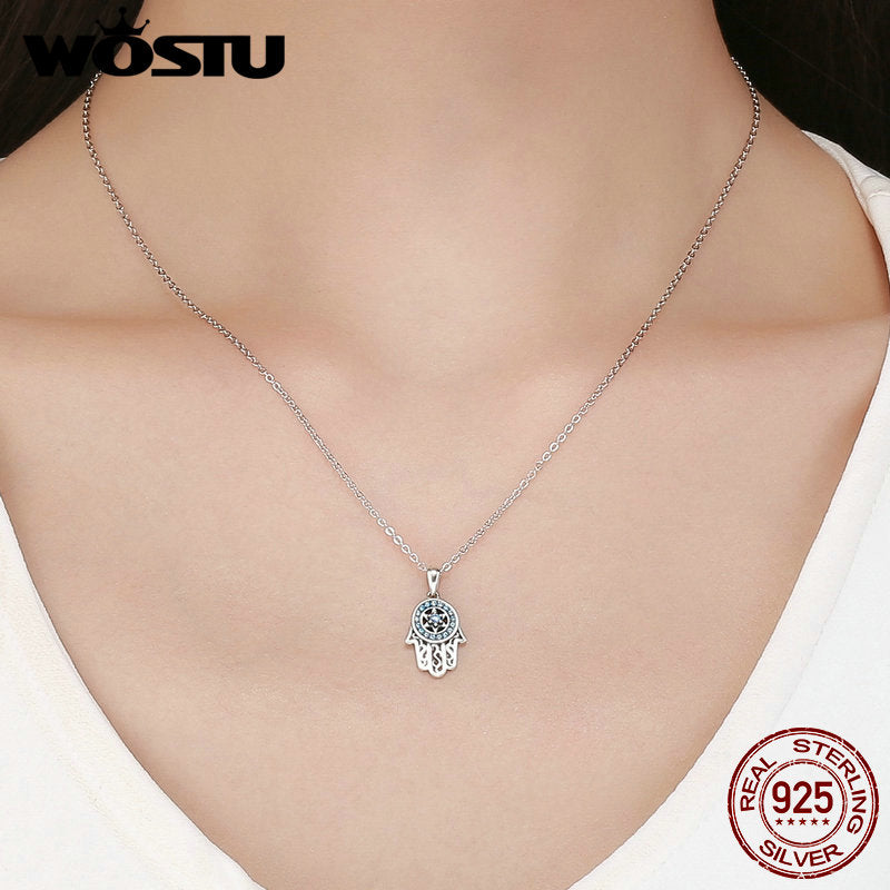 WOSTU Plata de Ley 925 auténtica mano de Fátima Hamsa colgante gargantilla collar para mujer bisutería de moda regalo de joyería CQN264