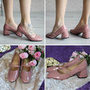Meotina High Heels Shoes Women Mary Janes Shoes Patent Leather Med Heel Pumps Buckle Square Toe Ladies Shoes Red Plus Size 33-43