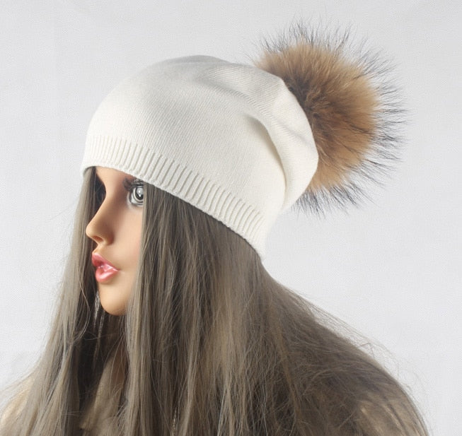 Gorro con pompón para otoño e invierno, gorros tejidos de lana para mujer, gorros informales de Cachemira para mujer, gorro con pompón de piel de mapache Real