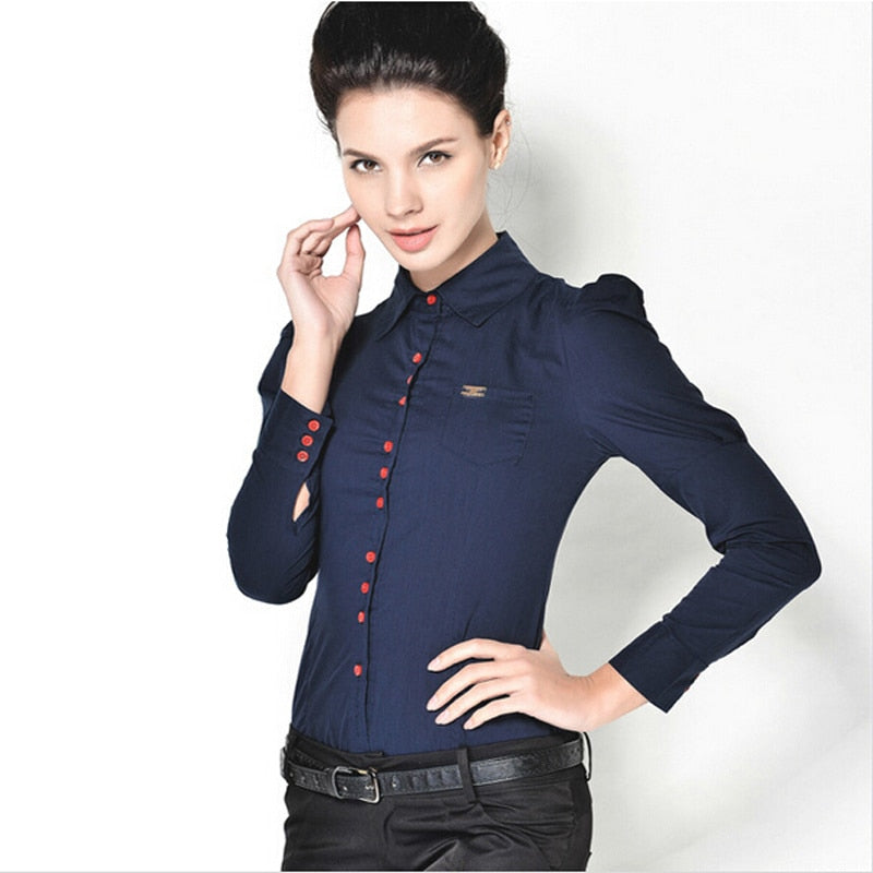 Neue Mode Elegant Langarm Baumwolle OL Body Shirt Büro Damen Bodysuit Button Design Dunkelblau Weiß Rot S-3XL Plus Größe