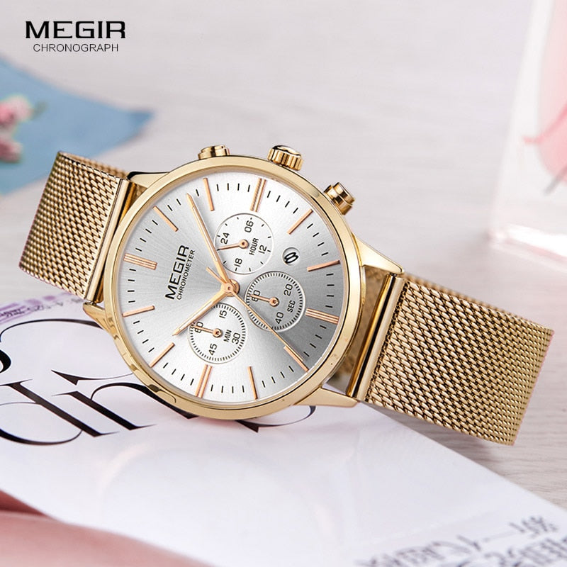 Megir Cronógrafo para mujer Indicador de fecha de manecillas luminosas Correa de malla de acero inoxidable Relojes de pulsera de cuarzo Lady Rose Gold M2011L-1