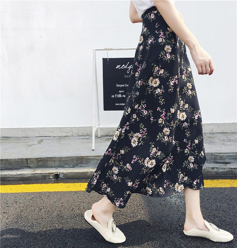 2021 Bohemian High Waist Floral Print Summer Skirts Womens Boho Asymmetrical Chiffon Skirt Maxi Long Skirts For Women