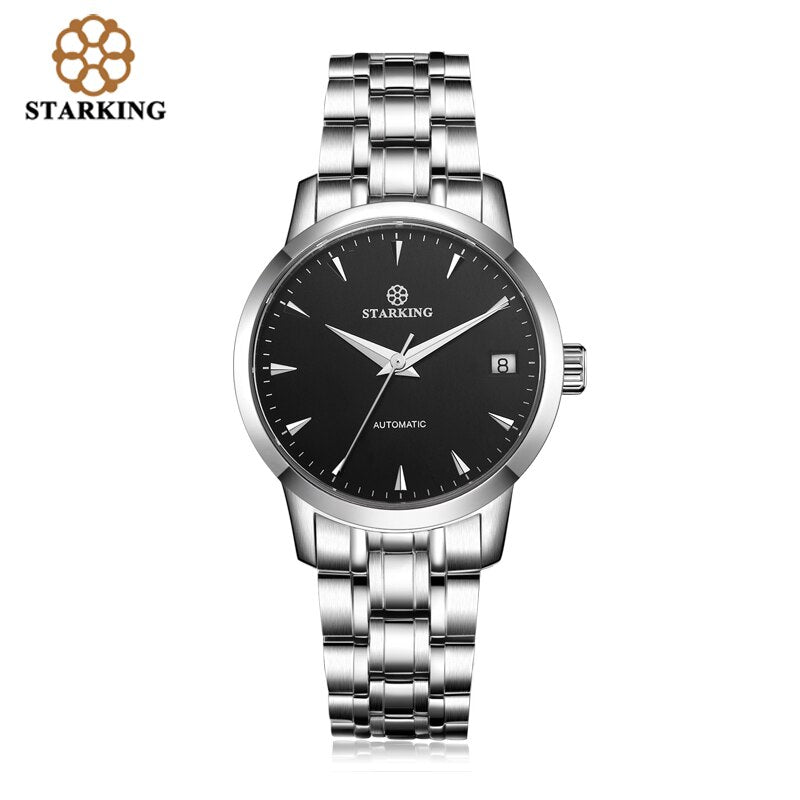 StarKing Classic Damen Einfache Uhr Automatik Edelstahl Weißes Zifferblatt Armbanduhr Auto Datum Damen Mechanische Relogio Feminino