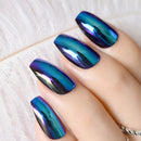 Super Holographice Coffin Nails Mirror Blue Chrome Sparkly Ballerina Fake Nails Mittelgroße Maniküre-Spitzen mit Klebeaufkleber
