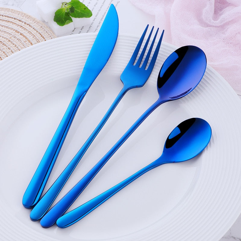 Hot Sale 4 Pcs/Set Tableware Set Stainless Steel Cutlery Long Handle Knife Spoon Fork Sald Spoon Korean Style 8 Colors Flareware