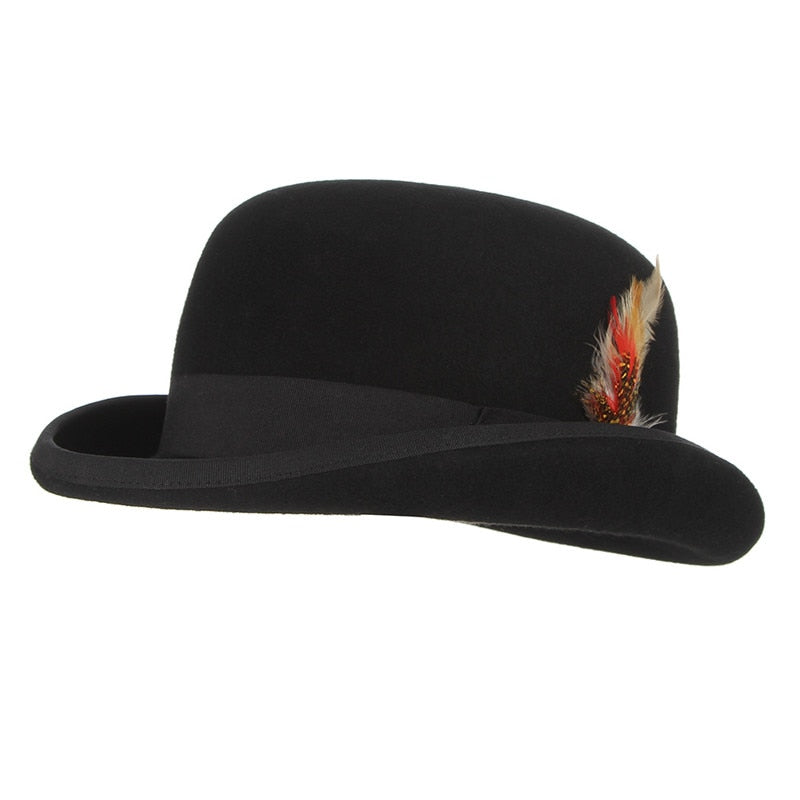 GEMVIE 4 tamaños 100% lana fieltro negro Derby Bowler sombrero para hombres mujeres pluma satén forro Casual Formal Fedora