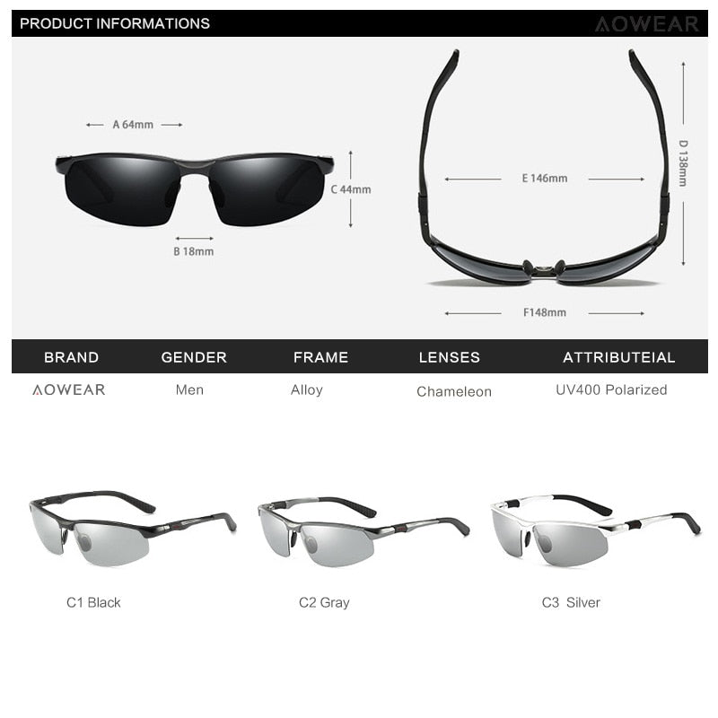 AOWEAR Photochrome Sonnenbrille Herren Polarisierte Tag-Nacht-Fahrbrille Hochwertige randlose Chamäleon-Brille aus Aluminium Gafas