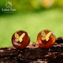Lotus Fun Real 925 Sterling Silver Natural Amber Stone Handmade Designer Fine Jewelry Butterfly Stud Earrings for Women Brincos