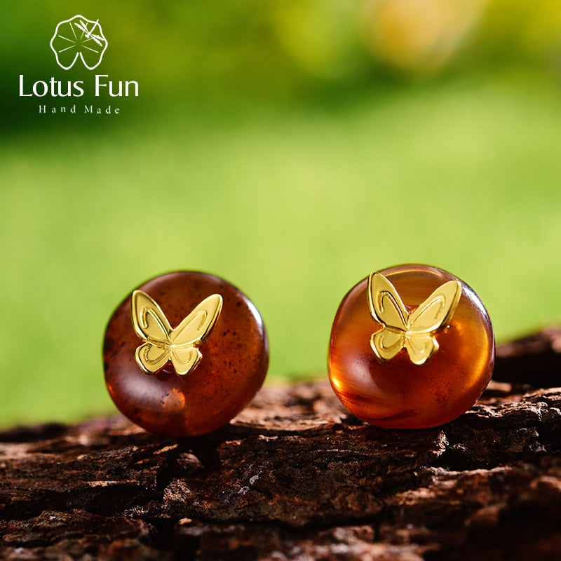 Lotus Fun Real 925 Sterling Silver Natural Amber Stone Handmade Designer Fine Jewelry Butterfly Stud Earrings for Women Brincos