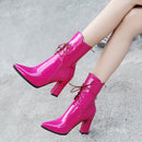 New Women Boots Leather Ankle Boots Fashion Lace Up Square High Heels Boots Autumn Winter Plus Size Shoes 2019