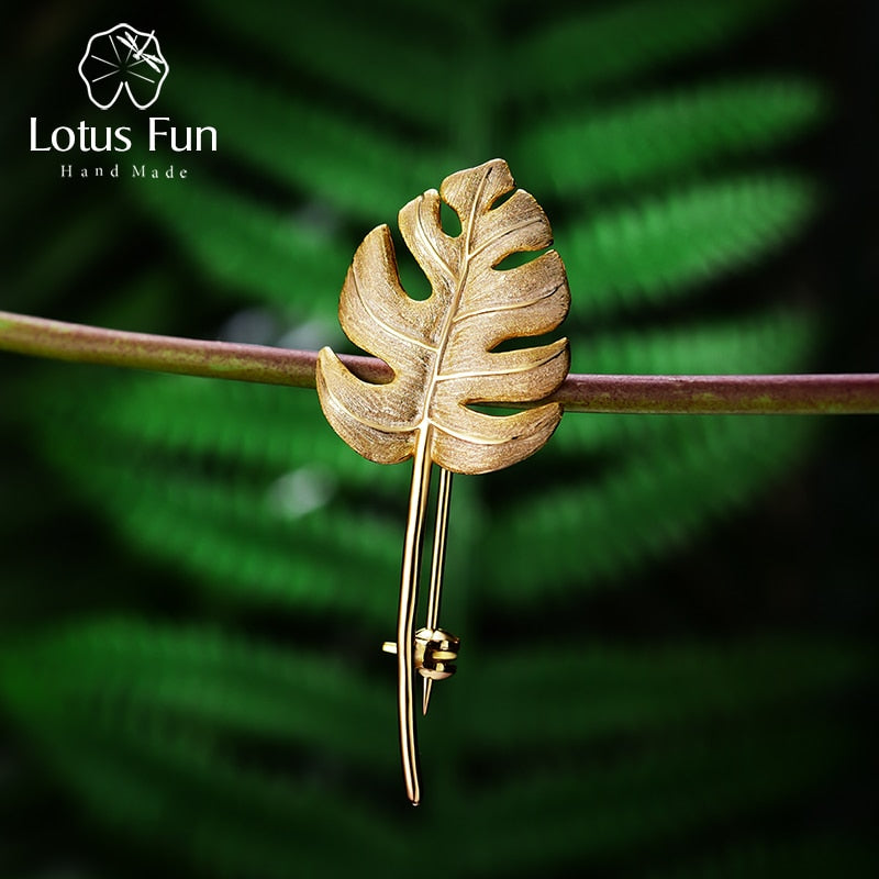 Lotus Fun Plata de Ley 925 auténtica, joyería fina de diseñador hecha a mano, oro de 18 quilates, broches creativos de hojas de Monstera para mujer, bisutería