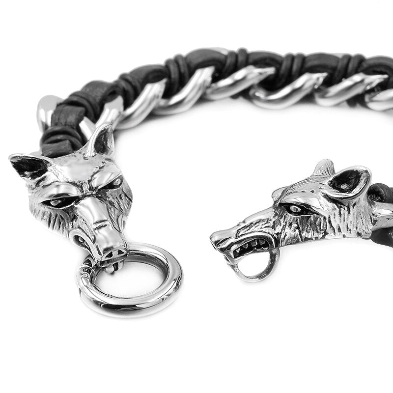 Double Wolf Head Armband Männer Punk Rock Schmuck 316L Edelstahl Armband Leder Kubanische Kette Cooles Geschenk 2018 Neu