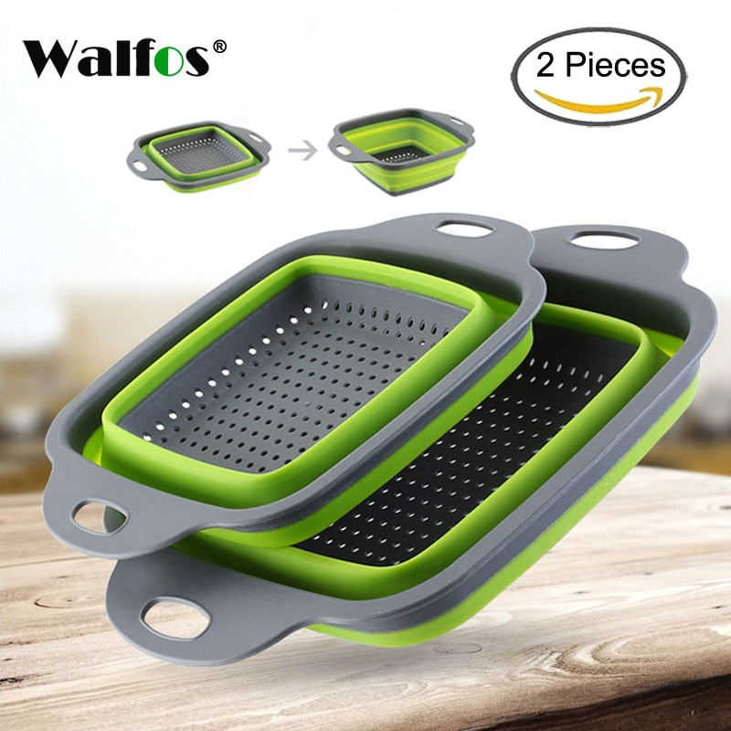 WALFOS 2pcs/set Foldable Strainer Basket Collapsible Colander Sets Square Shape Fruit Vegetable Washing Drainer Kitchen Baskets