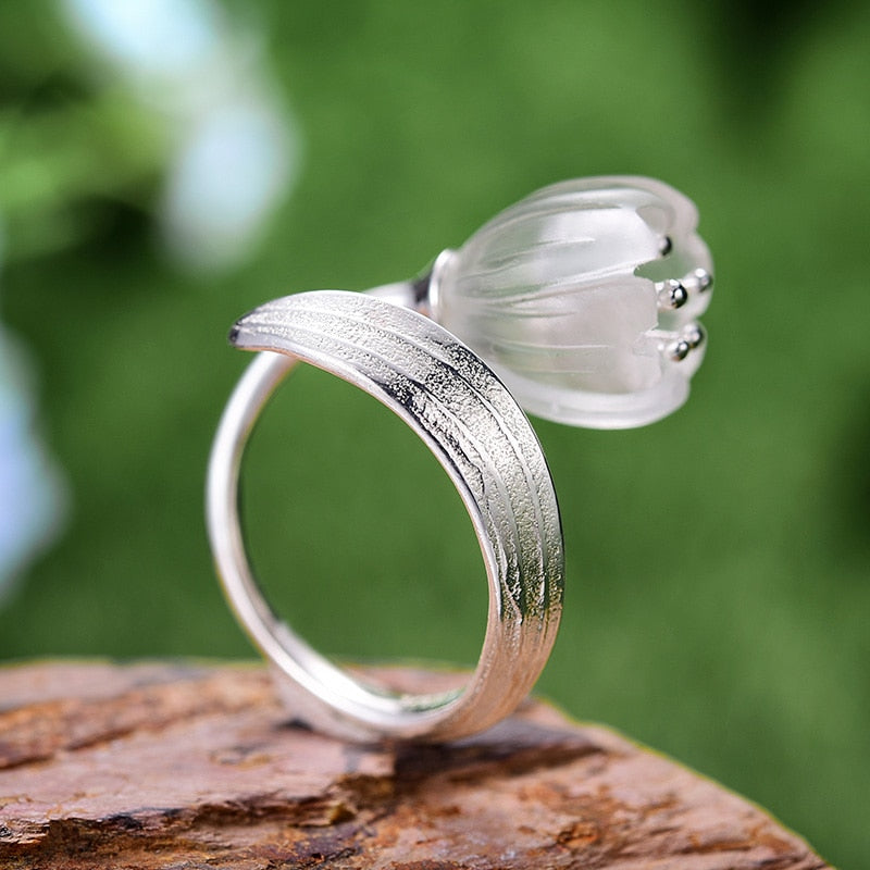 Lotus Fun Real 925 Sterling Silver 18k Gold Ring Natural Crystal Handmade Fine Jewelry Lily of the Valley Flower Rings For Women