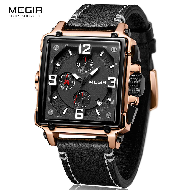 Megir Leather Strap Army Chronograph Quartz Wrist Watches Men Square Sports Stop Watch Man Clock Relogios Masculino 2061 Rose