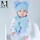 Winter Real Fur Scarf and Hat Set Kids Big Real Raccoon Fur Balls Hat Double Fur Pom Pom Beanies Children Girls Warm  Scarf Cap
