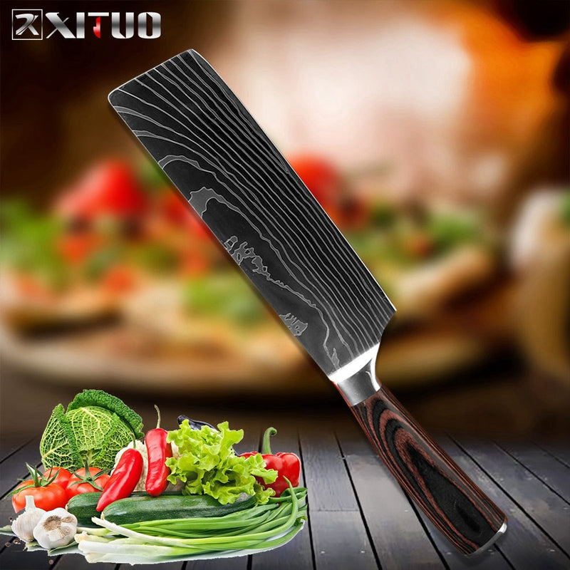 XITUO Kitchen Chef Knife Laser Damascus Pattern High Carbon Stainless Steel Non-stick Frozen Santoku Utility Cleaver Bread kni