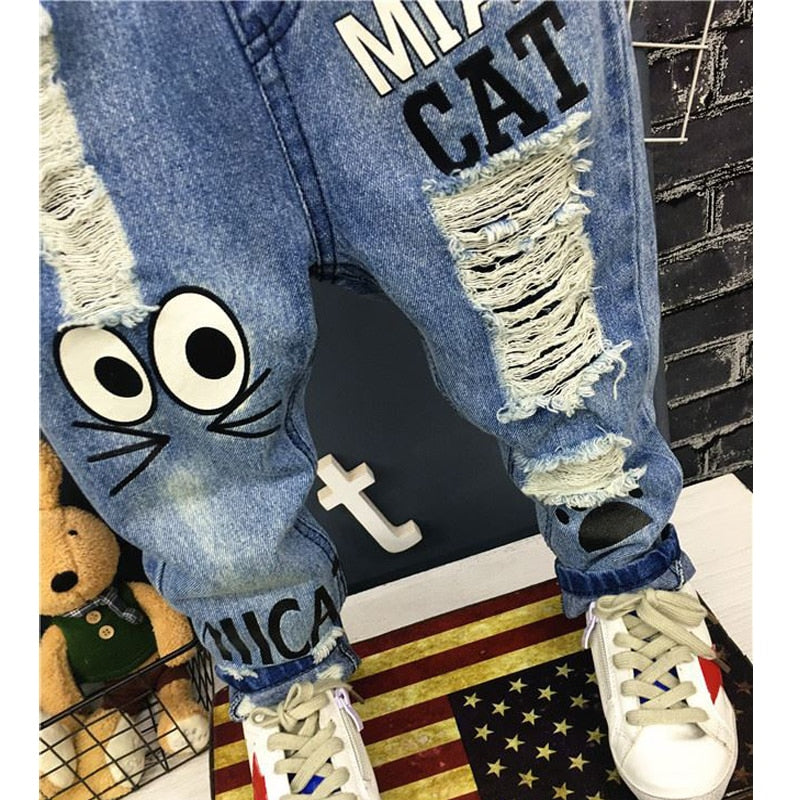 Neue Mädchen Jeans Frühling Herbst Kinder Hosen 1-7 Jahre Baby Jungen Mädchen Jeans Jungen Casual Loch Hosen Cartoon Katze Jeans Kinder Hosen