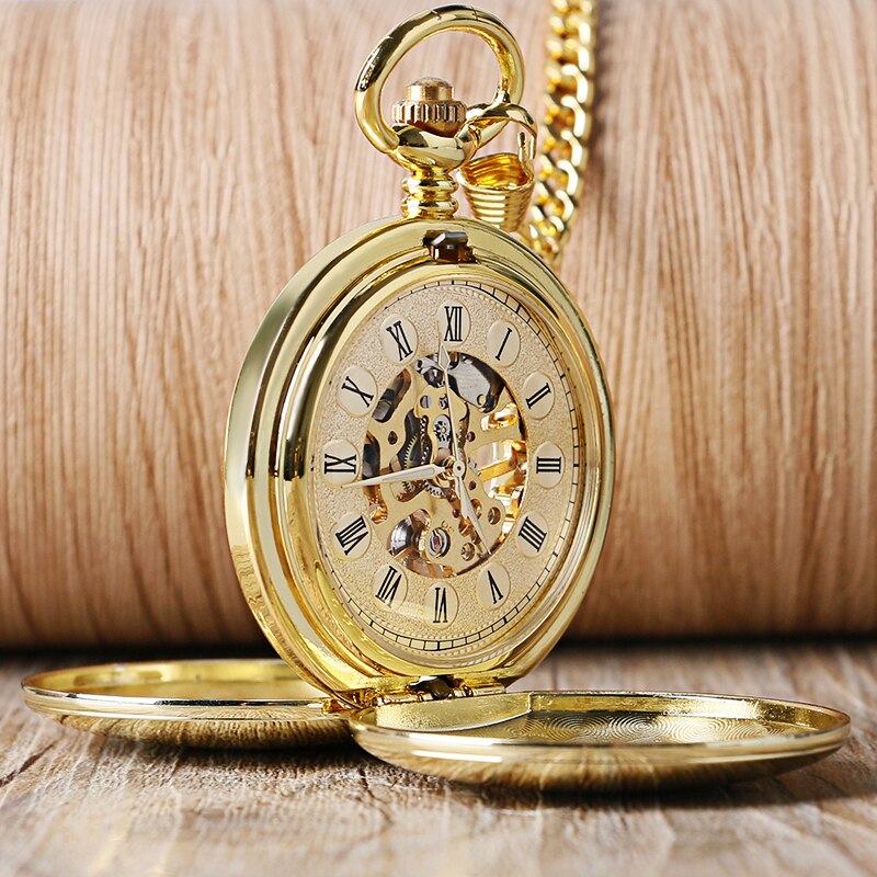 Reloj de bolsillo mecánico Vintage con números romanos lisos de lujo, reloj Steampunk de cuerda manual para hombre, reloj FOB con cadena de gancho