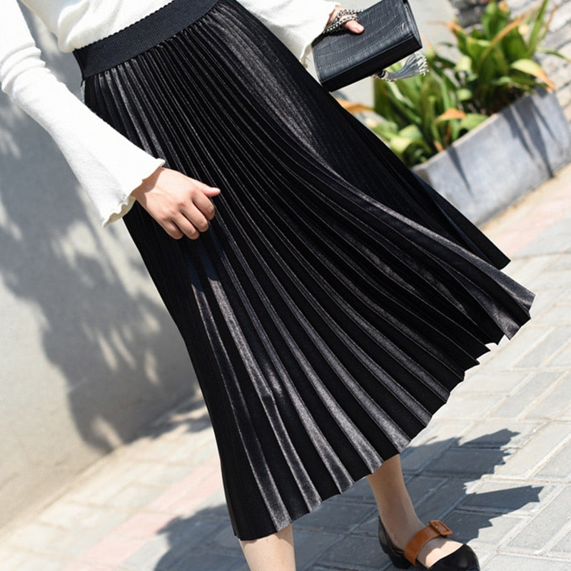 Fanco Autumn Women Long Fashion Brand A-Line Pleated Skirts Female  High Waist Midi Solid Color