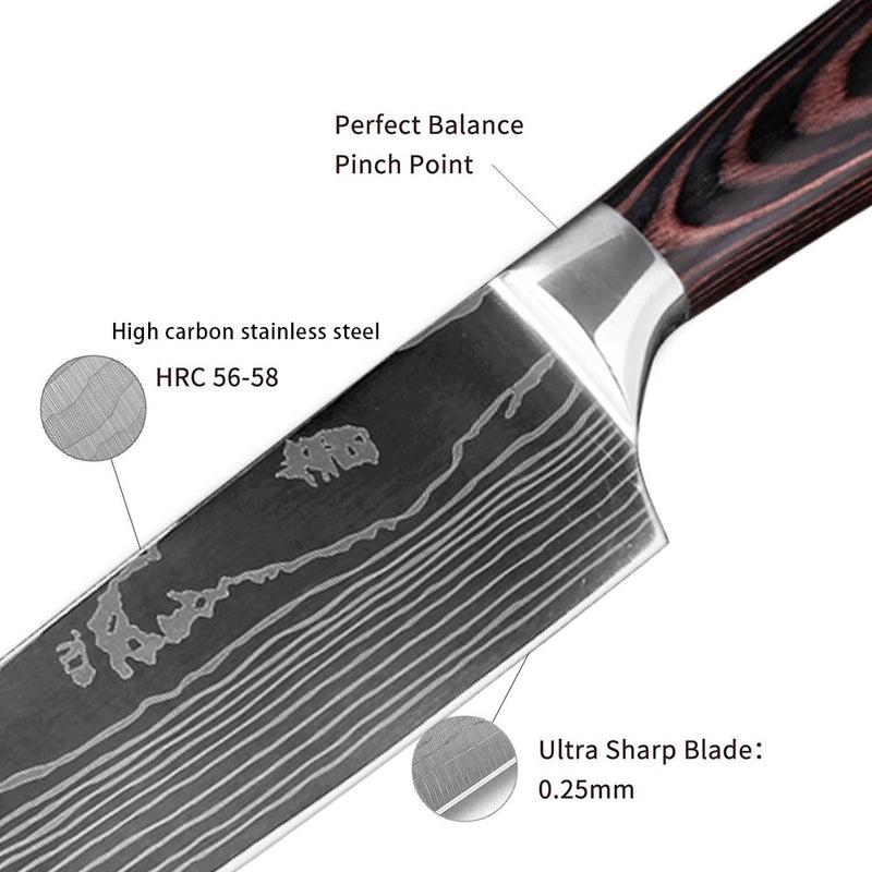 XITUO Küchenmesser, Laser-Damaskus-Muster, kohlenstoffreicher Edelstahl, Antihaft-Gefrorenes Santoku-Hilfsmesser, Brotmesser