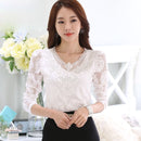 6XL ahueca hacia fuera la blusa de encaje camisa elegante señoras Tops Crochet manga larga bordado Patchwork mujeres blusas Tops blanco DF2753