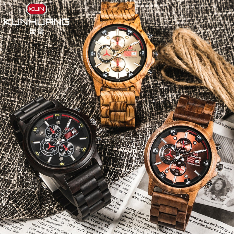 Reloj de madera con indicador de fecha para hombre, cronógrafo de madera de lujo, deportivo, militar, para exteriores, relojes de cuarzo en madera, masculino