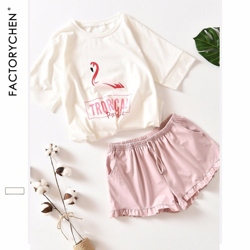 Flamingos Short Sleeved + Shorts Home Suit Spot 100% Baumwolle Pyjama-Sets Summer Nightly Empfohlene Damen-Pyjama-Heimkleidung