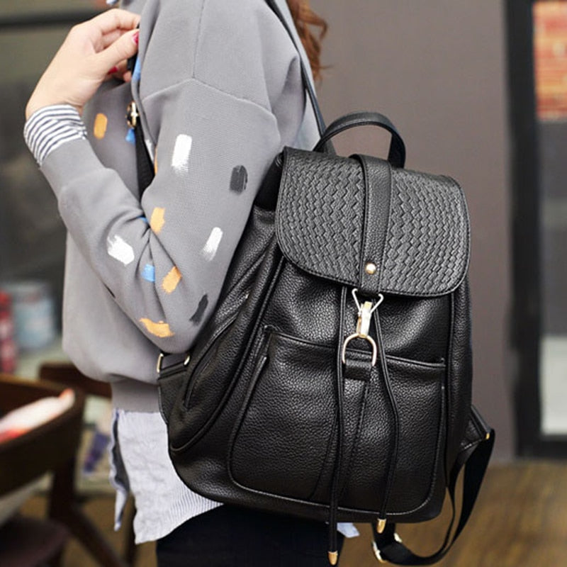 Neue Frauen-Rückentasche PU-Leder Preppy Rucksäcke für Mädchen im Teenageralter Lady School Bags Black Casual Rucksack Female Mochila