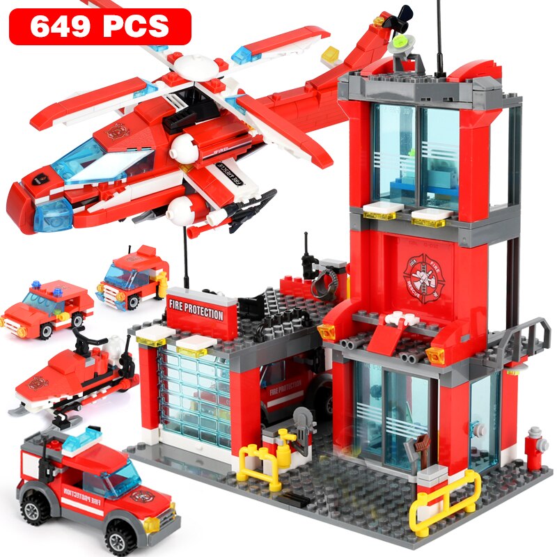 City Fire Station Building Blocks Mini Size Fire Engine Truck Blocks Firefighting Aircraft Helicopter Bricks Sets Toys For Kids