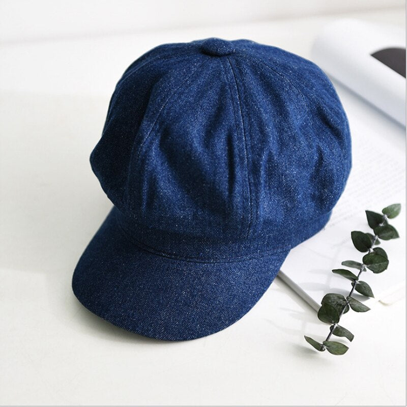 New Women Leisure Octagonal Hat Ladies Denim Beret Hat Cowboy Cap Newsboy Gatsby Cap Octagonal Baker Peaked Beret Driving Hat