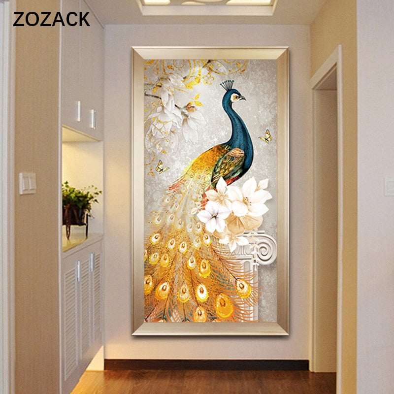 Zozack Needlework DIY Cross stitch For Full Embroidery kit Vertical gold peacock painting on canvas cross-stitch sets Wall Decor