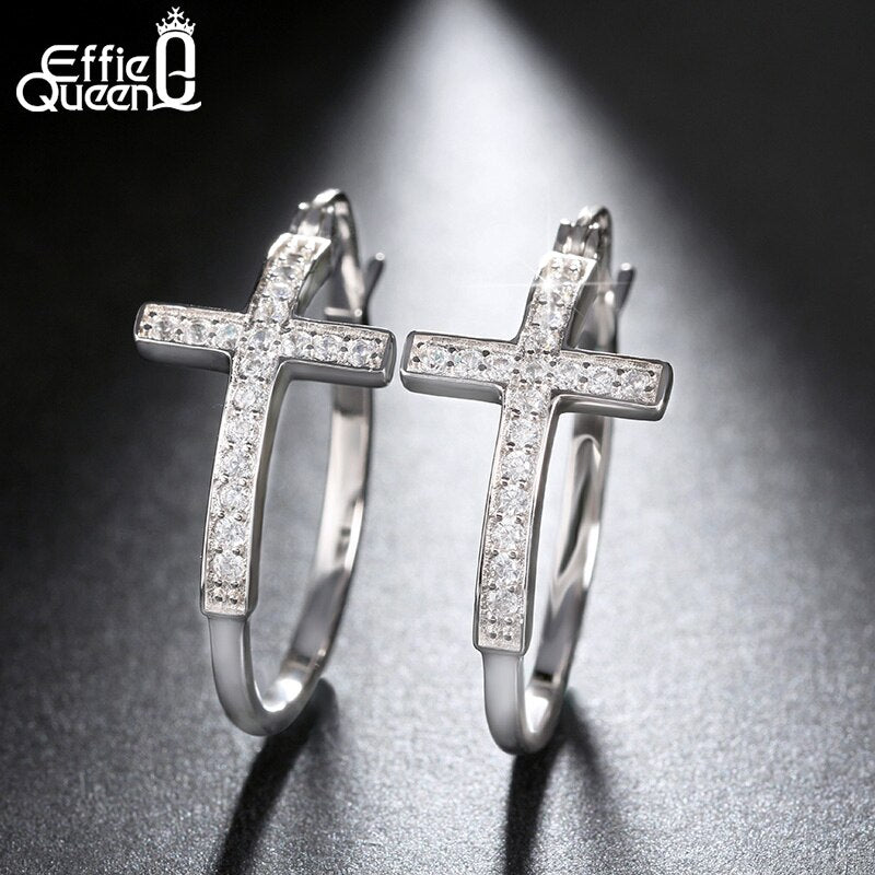 Effie Queen Hot Sale Big Hoop Earrings with CZ Diamonds Classic Cross Style Clip Design  Women&