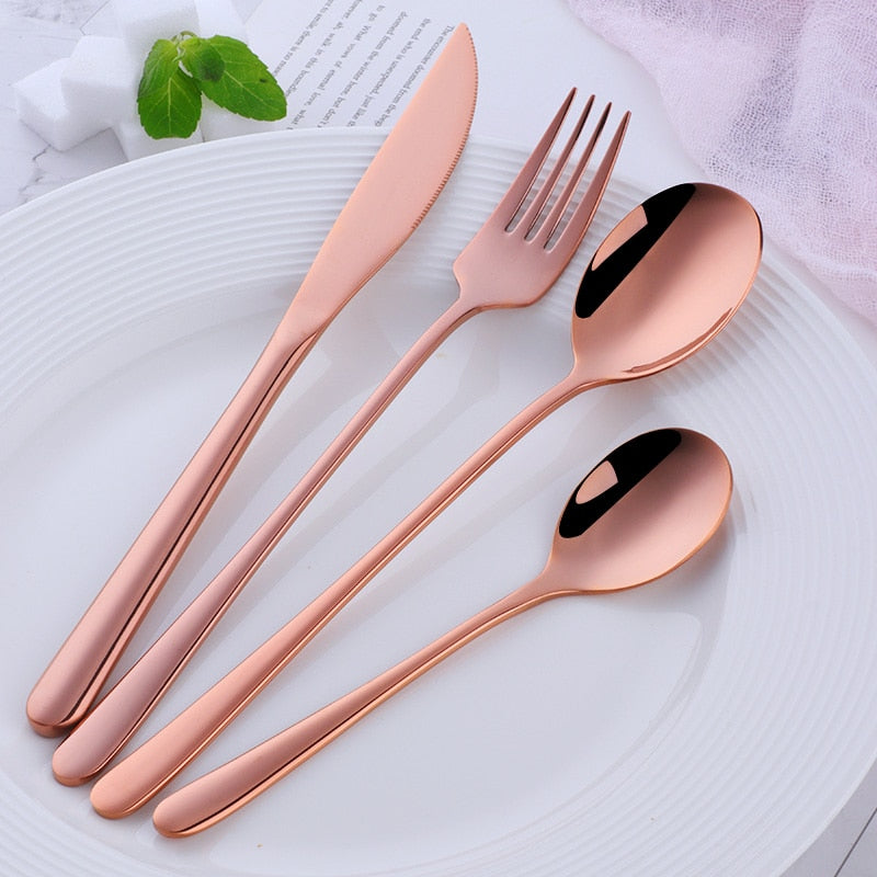 Hot Sale 4 Pcs/Set Tableware Set Stainless Steel Cutlery Long Handle Knife Spoon Fork Sald Spoon Korean Style 8 Colors Flareware