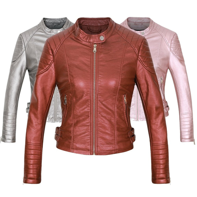 2021 Mode Damen Elegant Reißverschluss Kunstleder Bikerjacke in Braun Schwarz Schlank Damen Mantel Casual Marke Motorrad Ledermantel