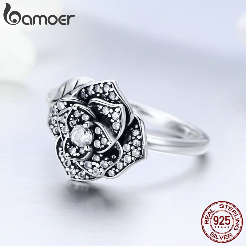 BAMOER 100% 925 Sterling Silver Rose Flower Dazzling CZ Tree Leaf Finger Rings for Women Wedding Engagement Jewelry Gift SCR382